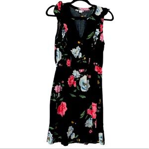 Old Navy Black Pink Floral V Neck Dress size S ruffled sleeves elastic waist